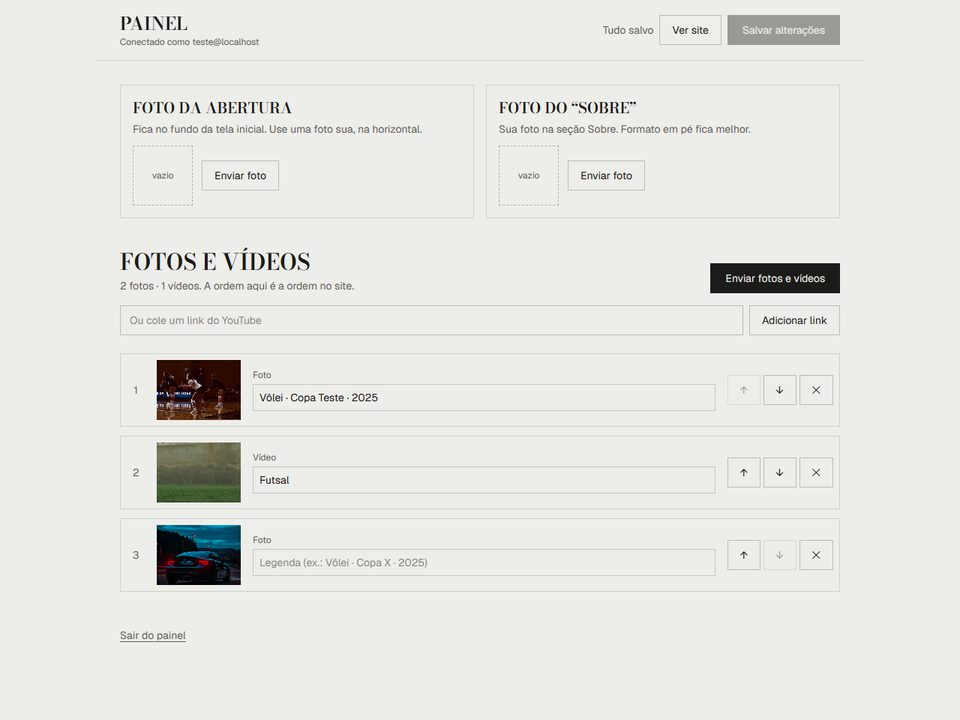 Painel onde o fotógrafo envia, ordena e remove fotos e vídeos